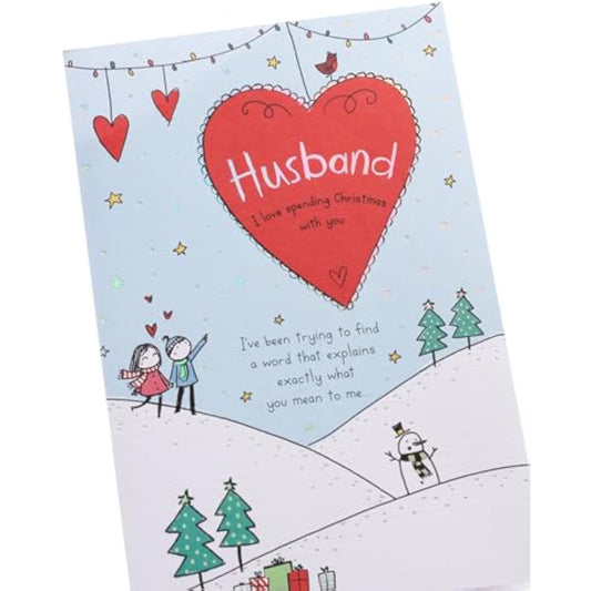 Christmas greeting card for husband with sweet sketch and metallic foil design, featuring festive holiday imagery and heartfelt message.