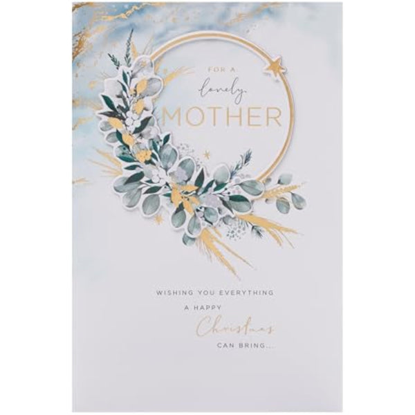 UKG Christmas greeting card for mother featuring a floral wreath design with gold foil accents.