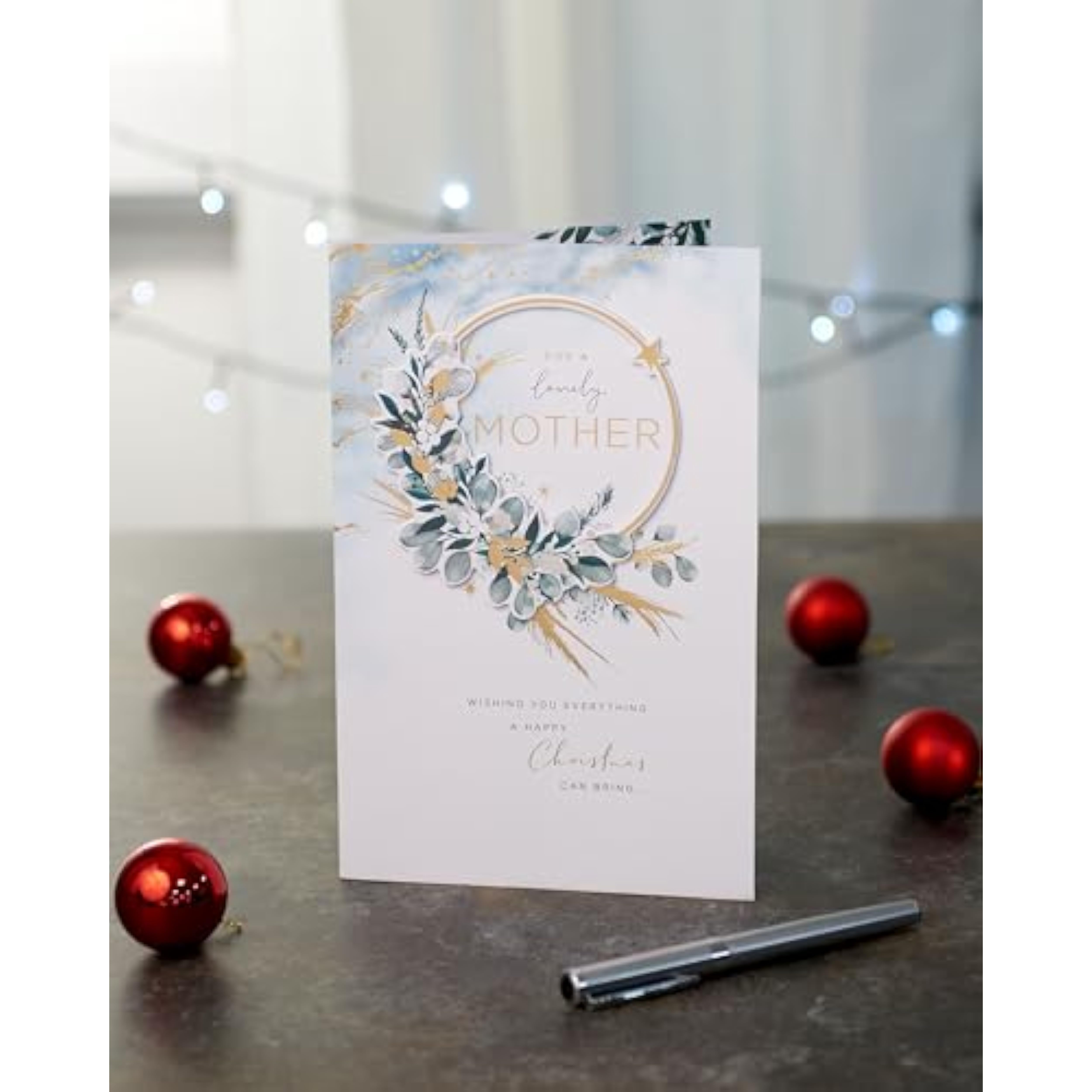 Christmas greeting card for mother with floral wreath design and gold foil accents, from UKG.