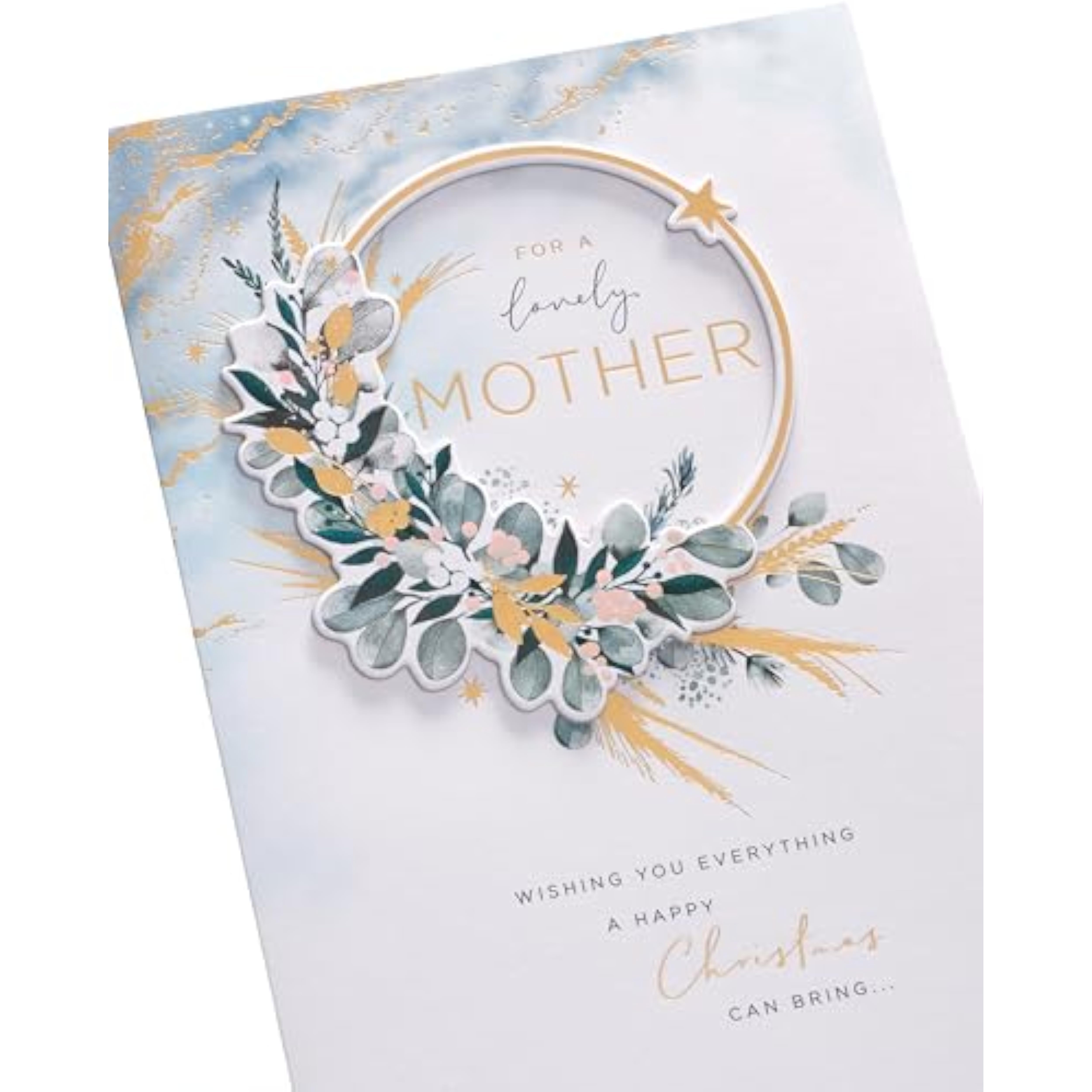UKG Christmas greeting card for mother featuring a floral wreath design with elegant gold foil accents.