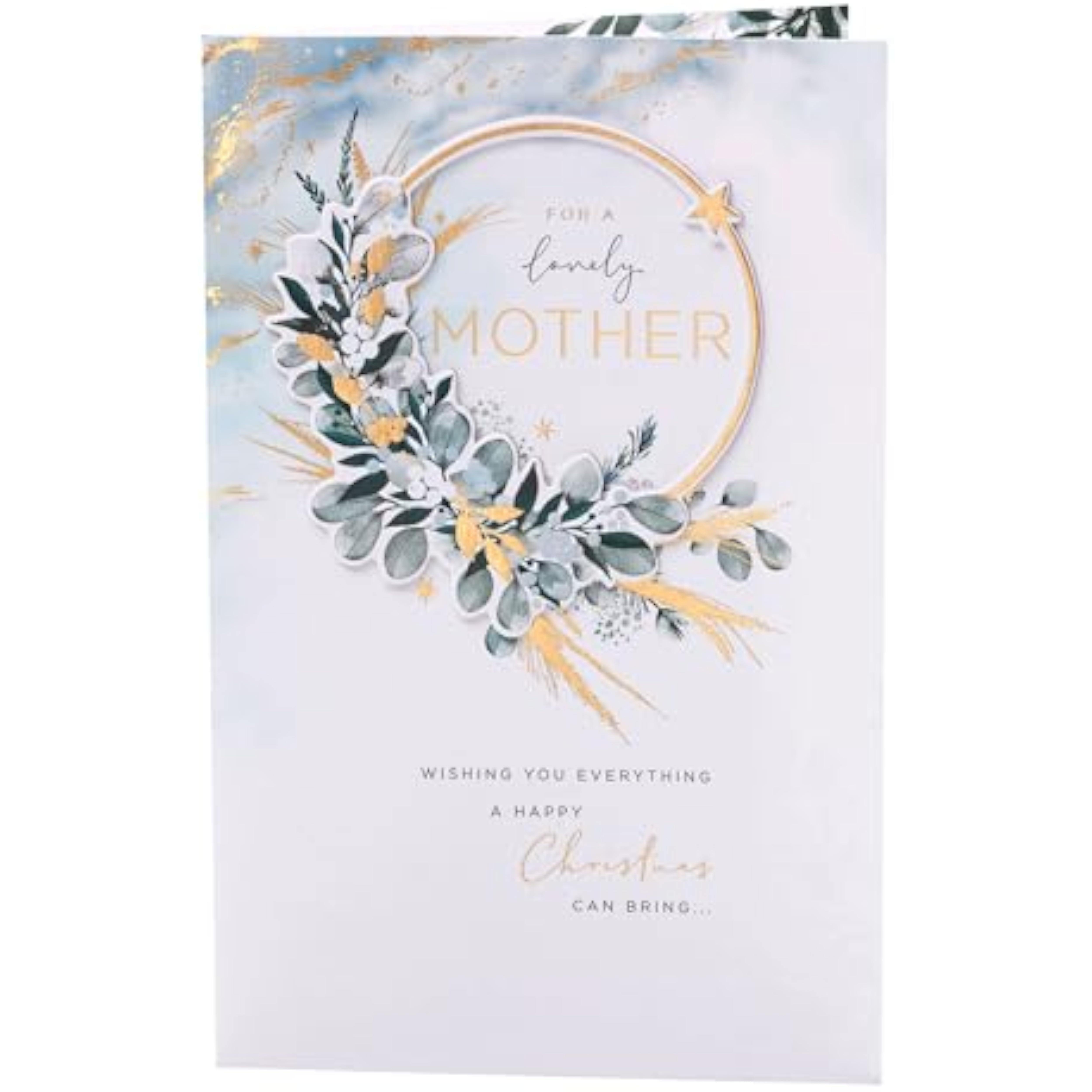 Christmas greeting card for mother featuring a floral wreath design with gold foil accents by UKG.