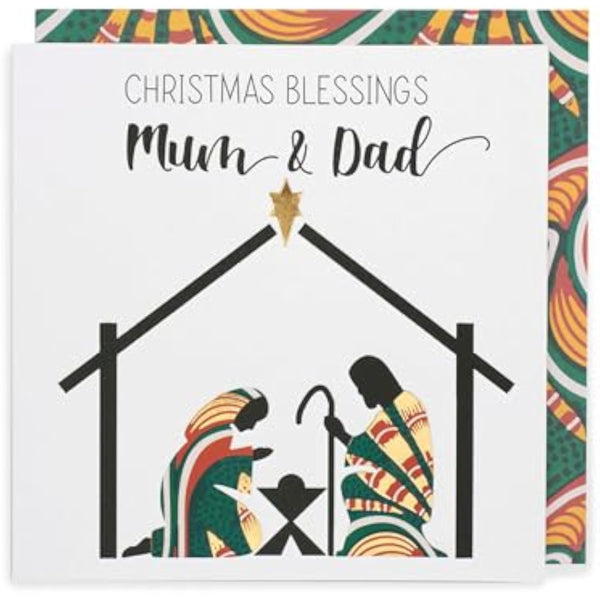 Festive Christmas greeting card for mum and dad with Afrotouch Kindred design, featuring colorful holiday illustrations by UKG.