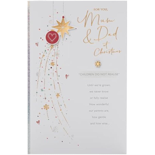 Christmas greeting card for mum and dad featuring festive foil baubles design, bright and cheerful for holiday wishes.