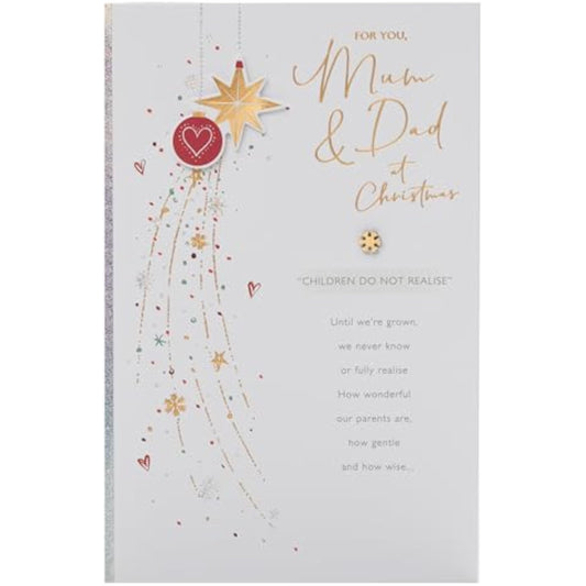 Christmas greeting card for mum and dad featuring festive foil baubles design, bright and cheerful for holiday wishes.