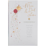 Christmas greeting card for mum and dad featuring festive foil baubles design, bright and cheerful for holiday wishes.