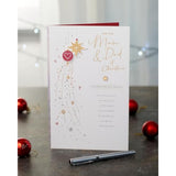 Christmas greeting card for mum and dad with festive foil bauble design, featuring colorful holiday decorations.
