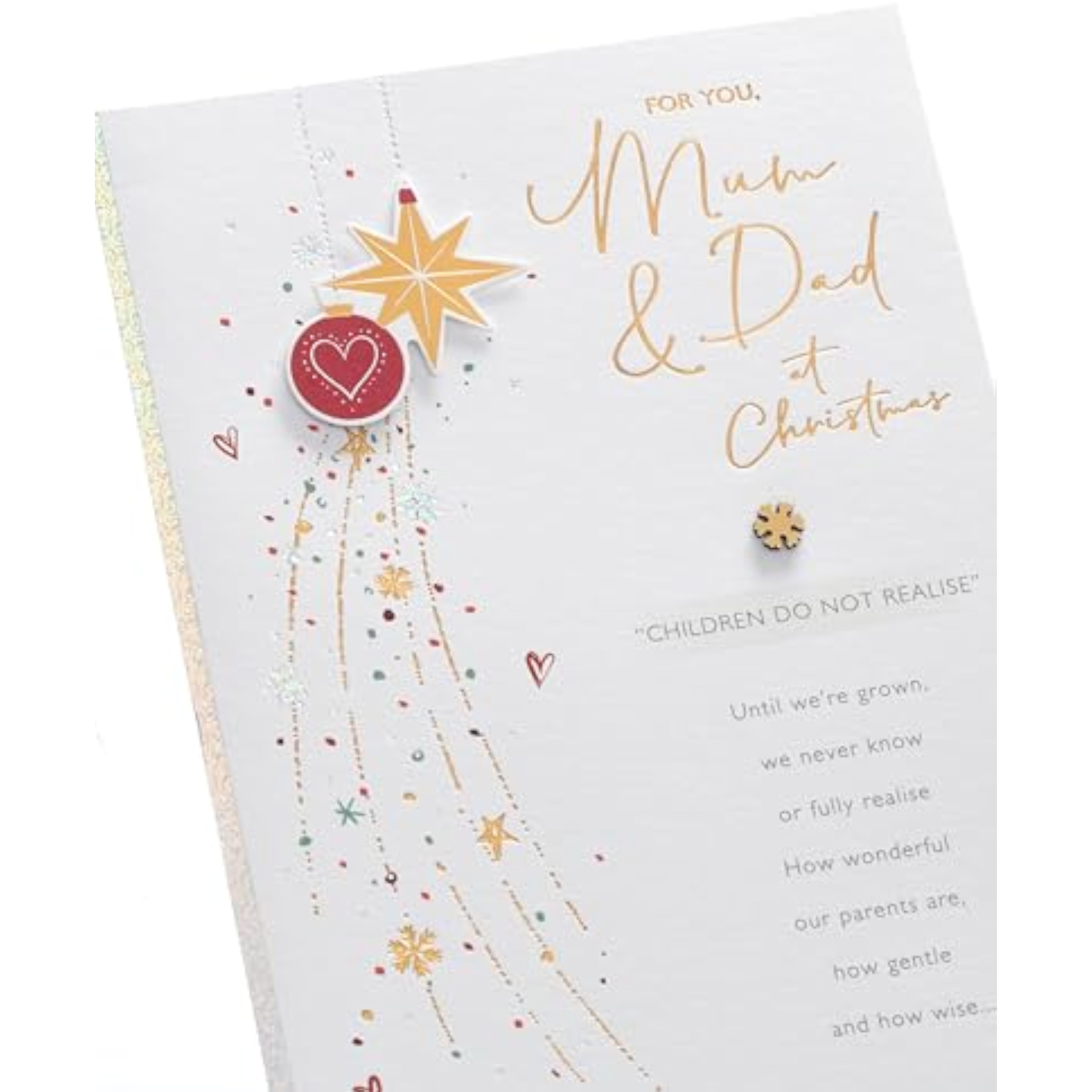 Christmas greeting card for mum and dad with festive foil bauble design, UKG brand, featuring colorful holiday decorations.