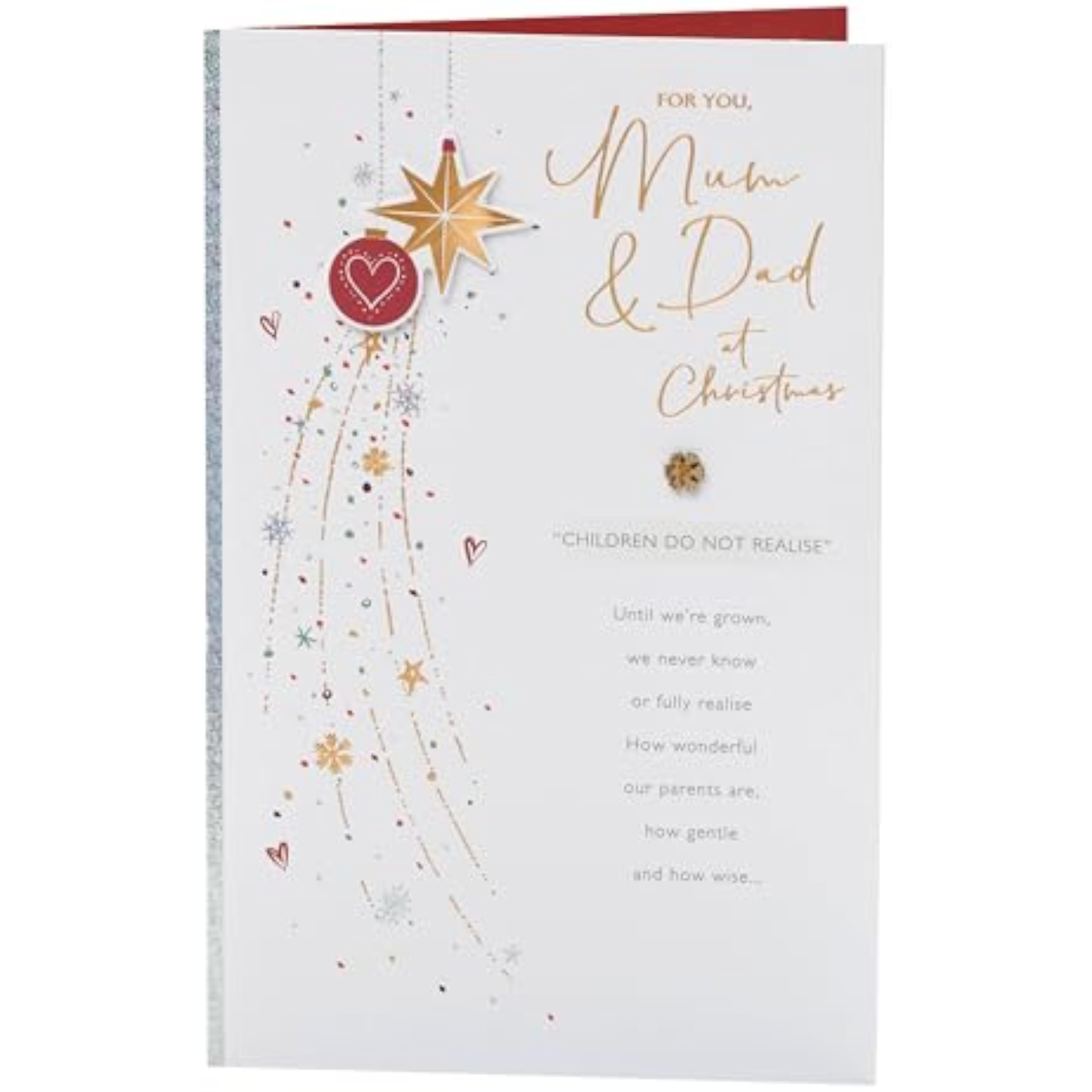 Christmas greeting card for mum and dad featuring festive baubles foil design, with cheerful holiday imagery.