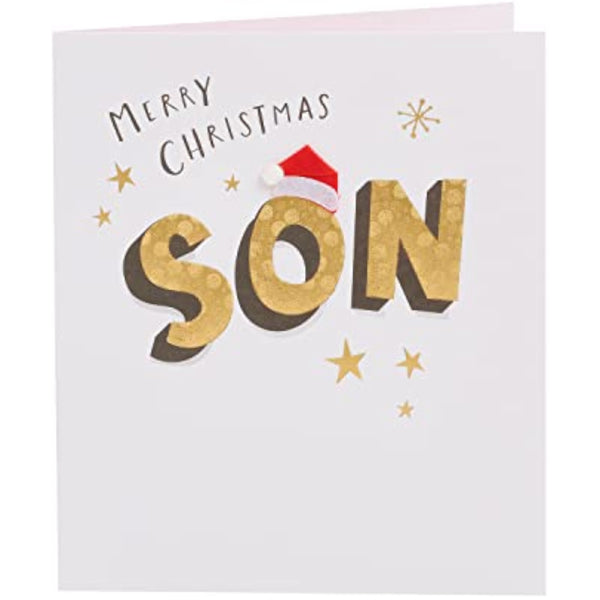 UKG Christmas greeting card for son featuring gold lettering and a felt Santa hat, festive holiday design.