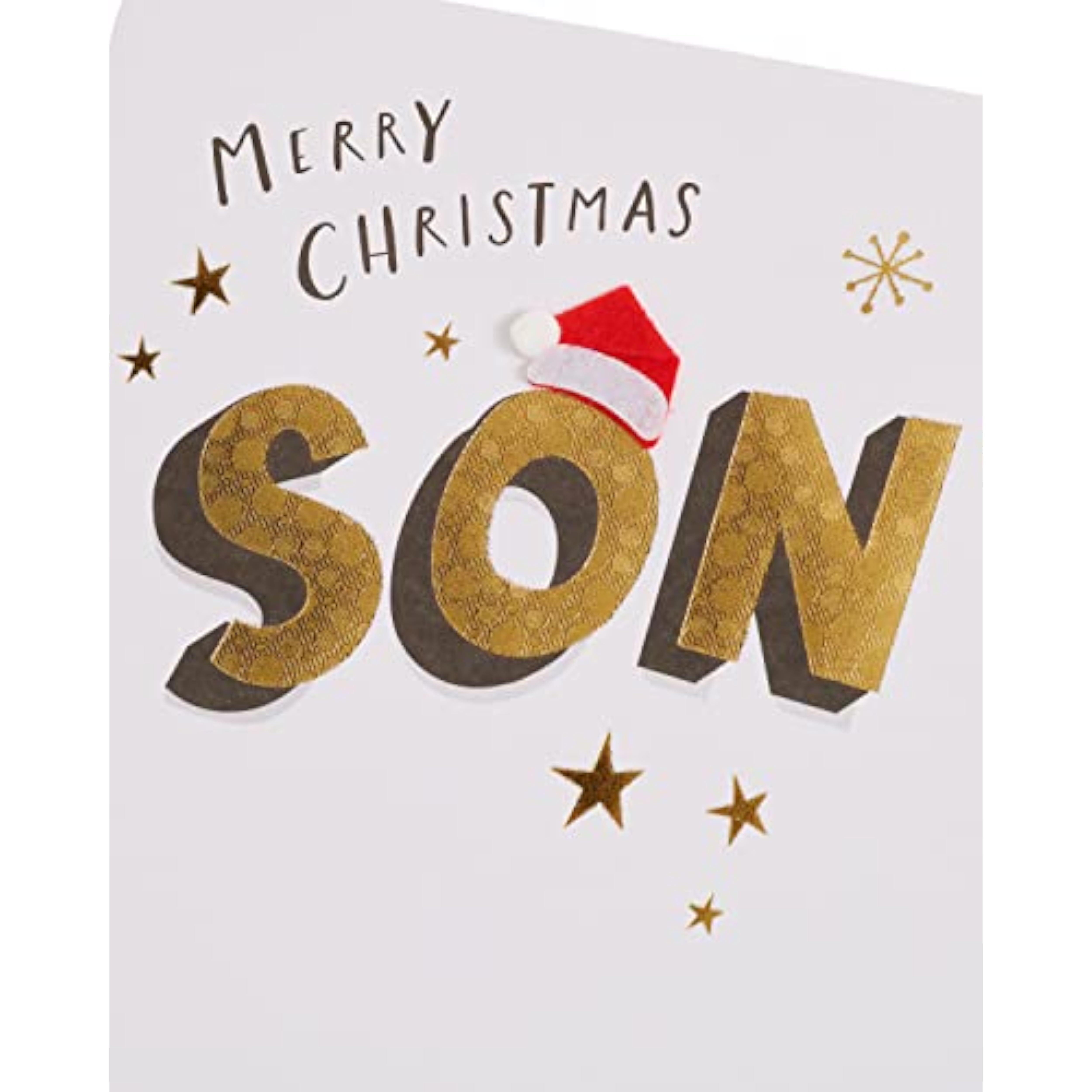 Christmas greeting card for son by UKG featuring gold lettering and a felt Santa hat design.