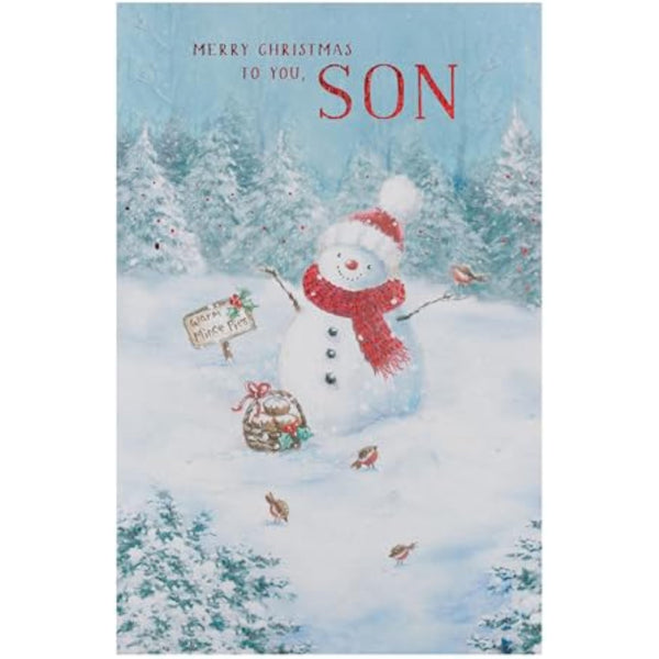 Christmas greeting card for son featuring a snowman design, UKG branded festive holiday greeting card with winter imagery.