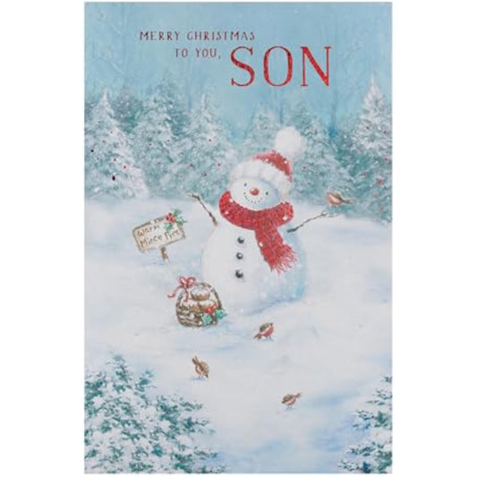 Christmas greeting card for son featuring a snowman design, UKG branded festive holiday greeting card with winter imagery.