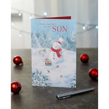 UKG Christmas greeting card for son featuring a snowman design, with festive holiday imagery and cheerful winter scene.