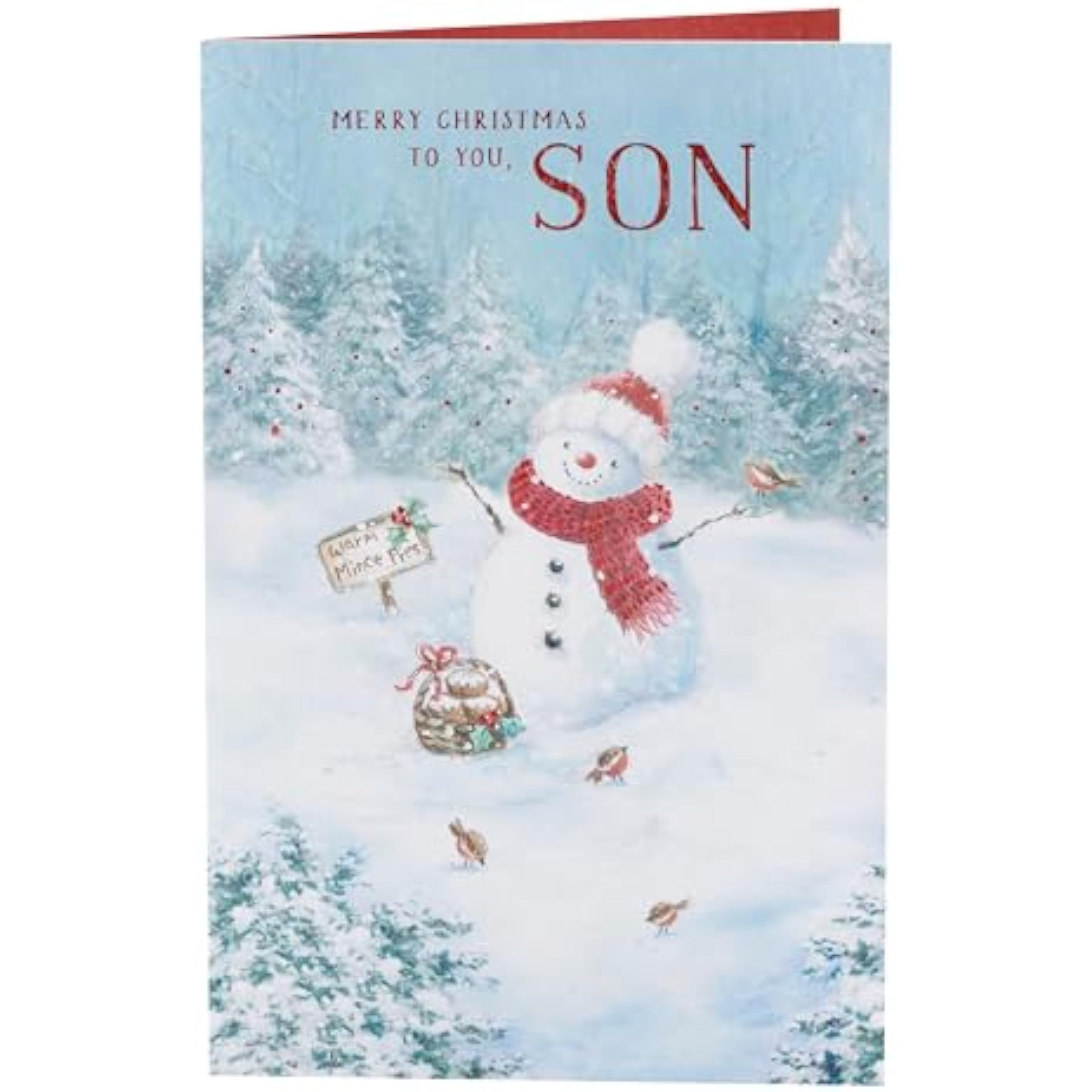 Christmas greeting card for son with snowman design by UKG, featuring festive holiday imagery and cheerful winter scene.