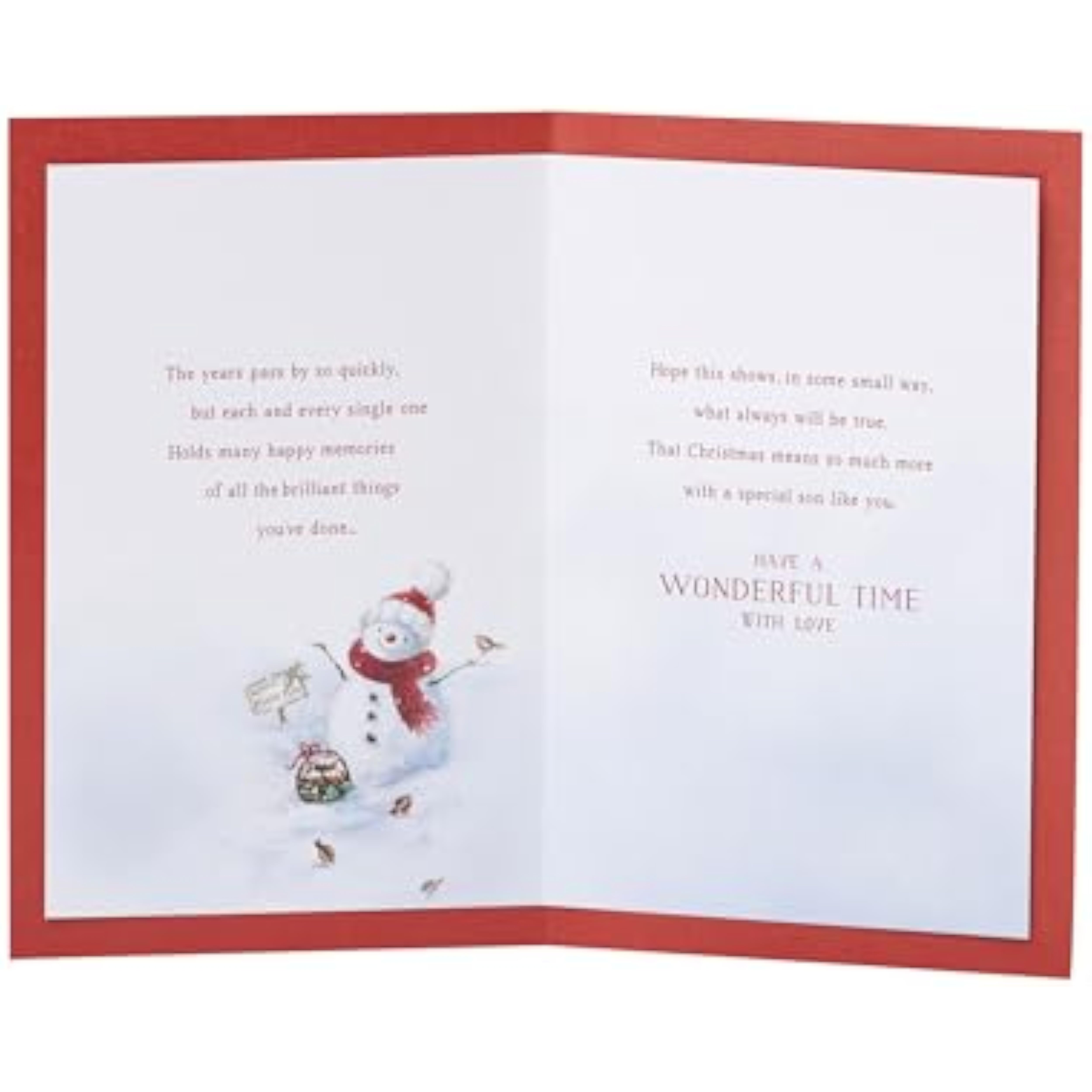 Christmas greeting card for son featuring a snowman design, UKG brand, with festive holiday artwork and cheerful winter scene.