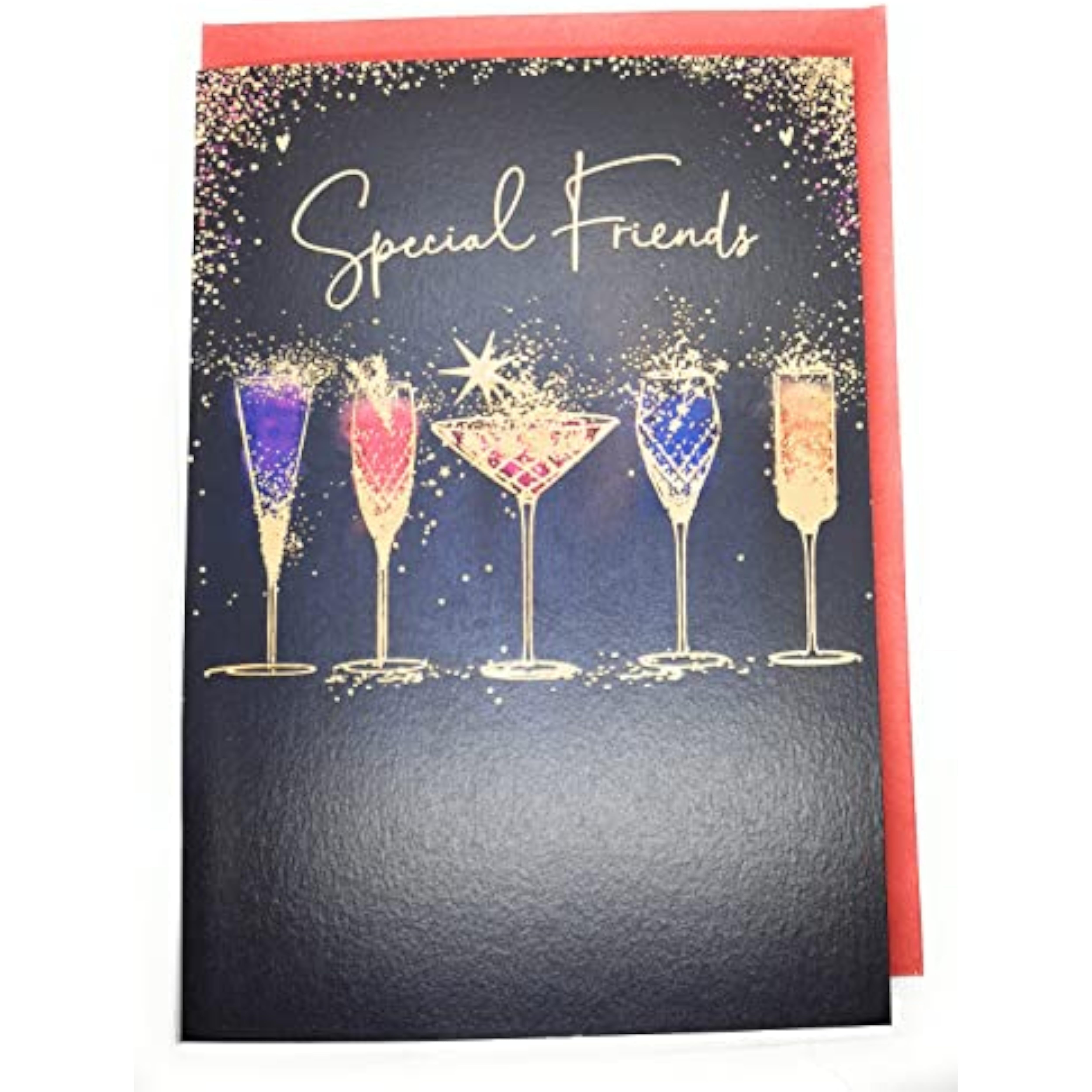 Festive greeting card for friends featuring drinks and gold foil accents, designed by UKG for Christmas celebrations.