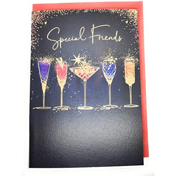 Festive greeting card for friends featuring drinks and gold foil accents, designed by UKG for Christmas celebrations.