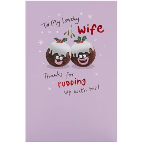 UKG Christmas greeting card for wife featuring fun pudding design with witty holiday message, perfect for festive occasions.