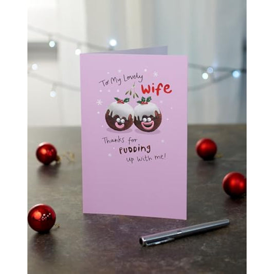 UKG Christmas greeting card for wife featuring fun pudding illustrations and witty design, perfect for holiday wishes.