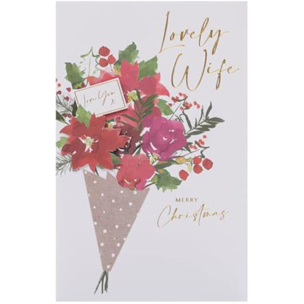 Romantic Christmas greeting card for wife featuring a floral bouquet and gold foil accents, UKG brand design.