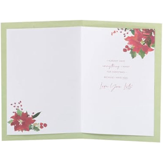Romantic UKG Christmas greeting card for wife featuring a floral bouquet and gold foil accents.