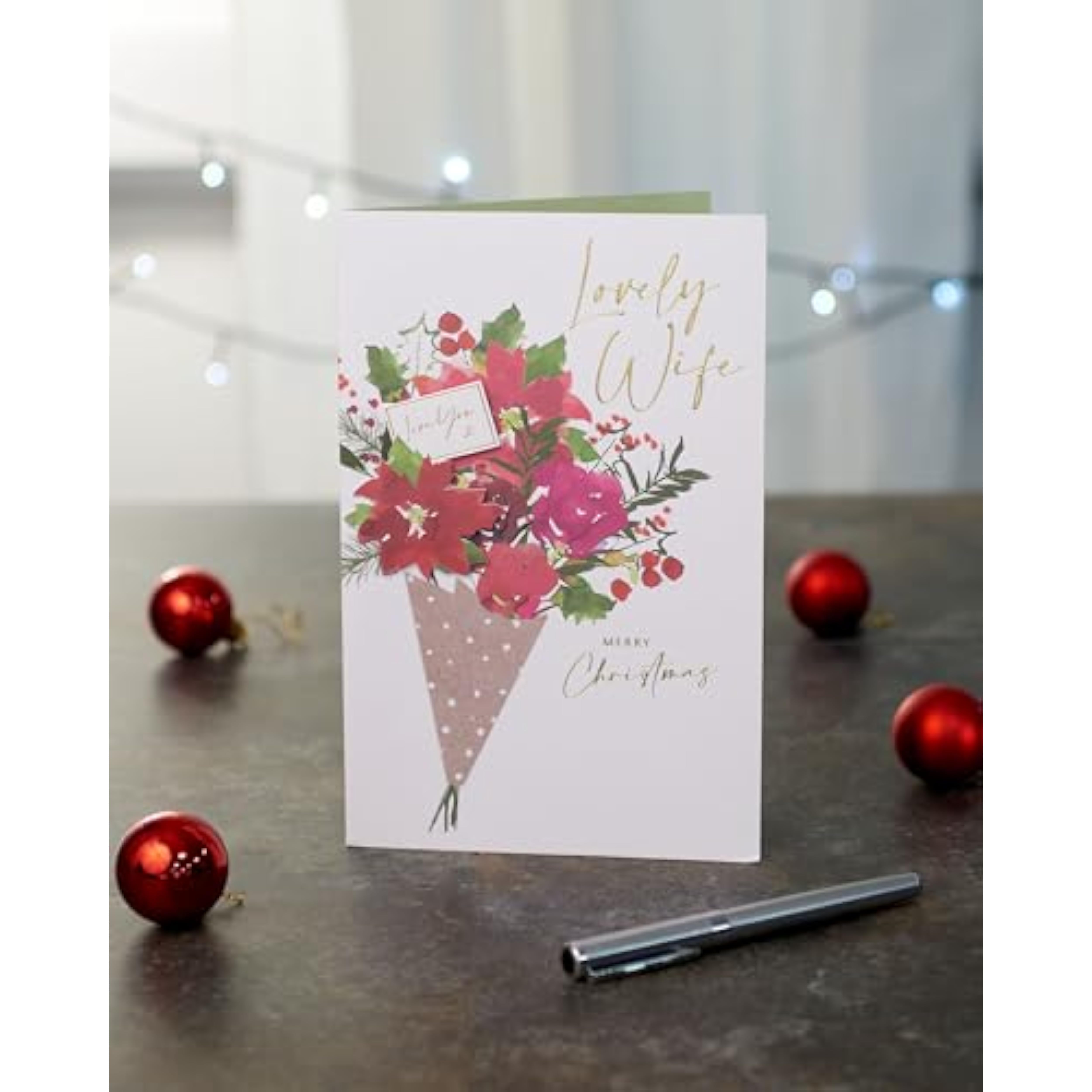 Romantic Christmas greeting card for wife featuring a floral bouquet and gold foil accents by UKG.