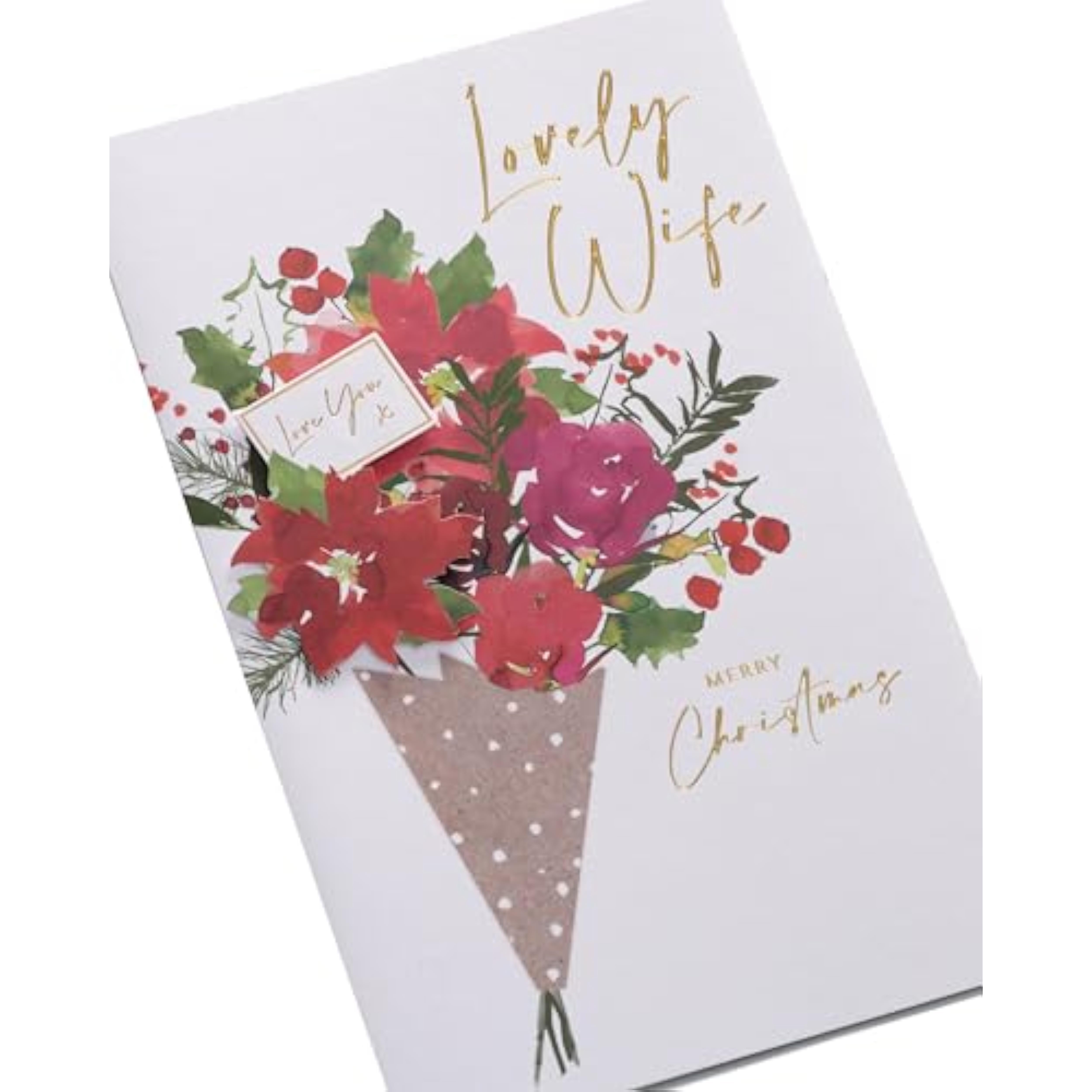 Romantic Christmas greeting card for wife with gold foil design and floral bouquet from UKG, featuring festive holiday imagery.