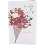 Romantic Christmas greeting card for wife with floral bouquet and gold foil design by UKG, featuring festive holiday imagery.
