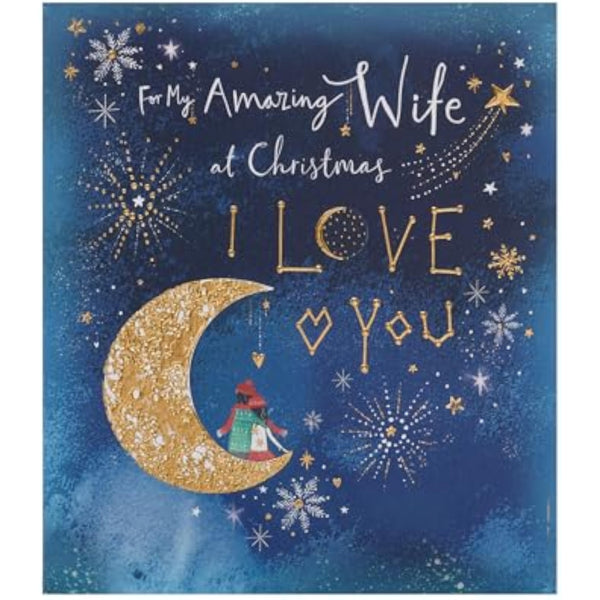 Romantic Christmas greeting card for wife with moon design and gold foil accents, UKG brand, featuring festive holiday imagery.