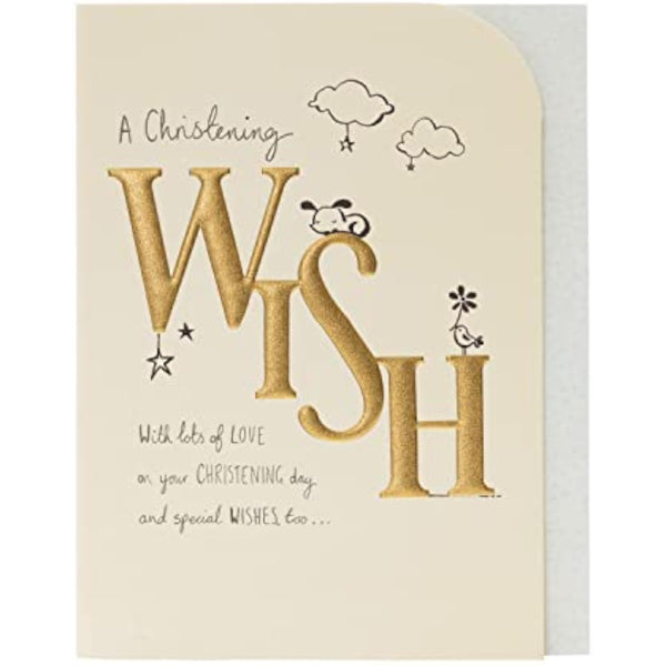 UKG greeting card for christening with gold accents and warm wishes, featuring a cute and elegant design for special occasions.