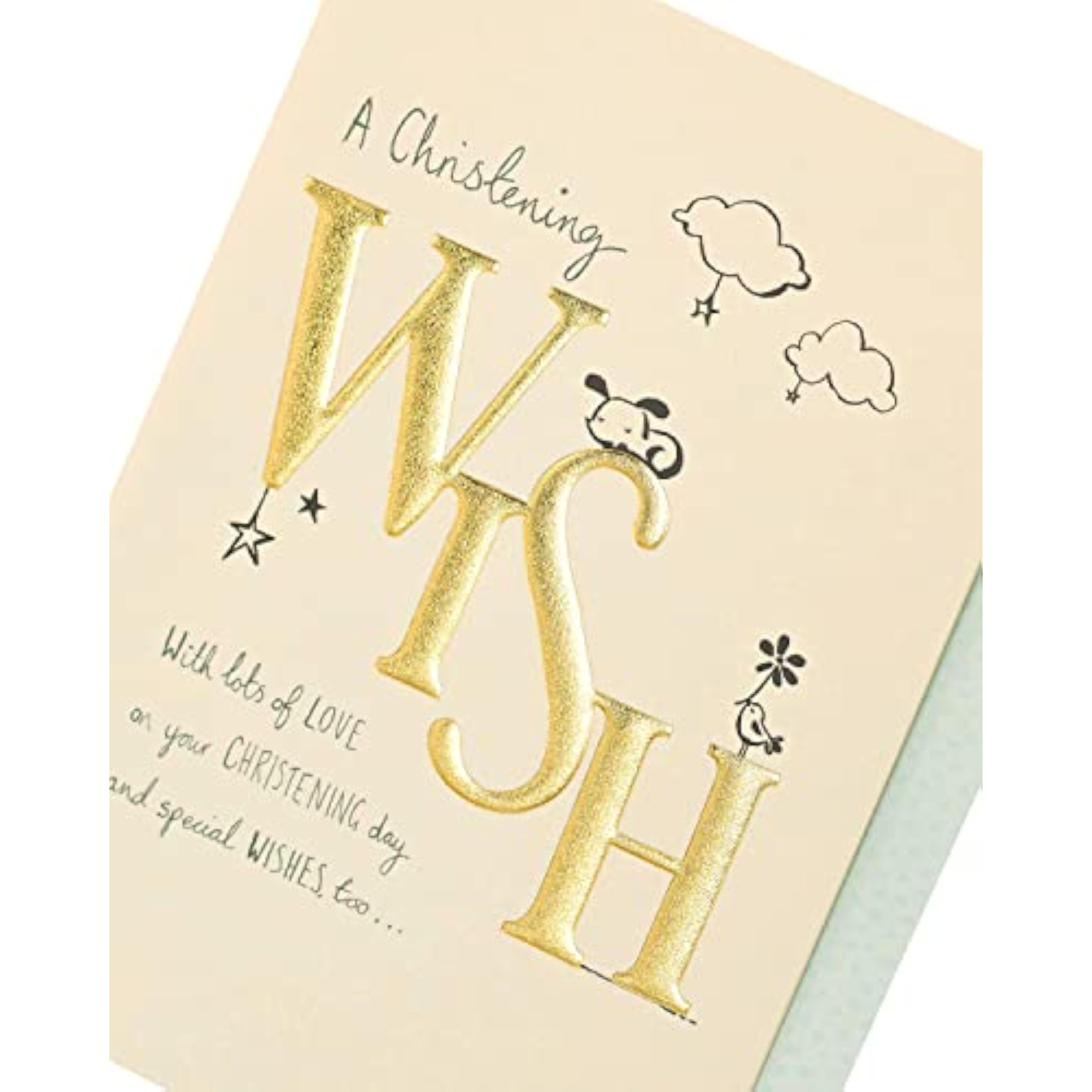 Cute UKG christening greeting card with gold accents and warm wishes, featuring delicate design and soft pastel colors.