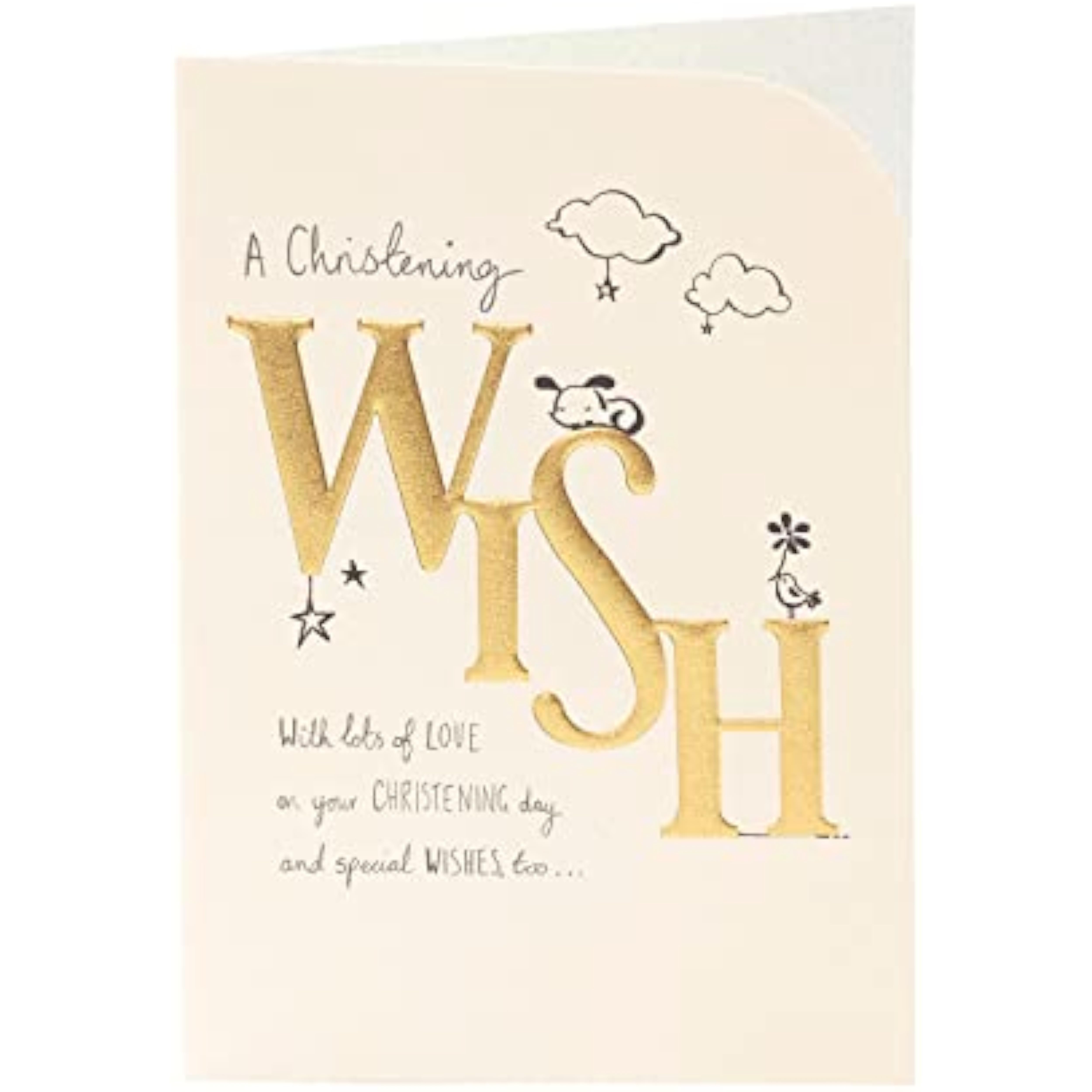 Cute UKG greeting card for christening with gold accents and warm wishes, featuring soft pastel colors and delicate design elements.
