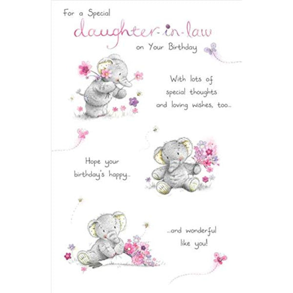 UKG daughter-in-law birthday greeting card featuring an illustration of an adorable elephant design.