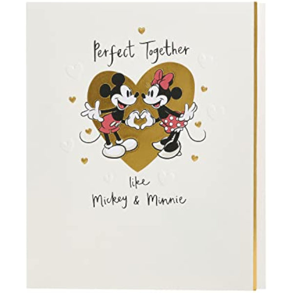 Disney Mickey & Minnie Anniversary greeting card with gold foil accents, featuring festive illustrations and heartfelt message.