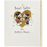Disney Mickey & Minnie Anniversary greeting card with gold foil accents, featuring festive illustrations and heartfelt message.