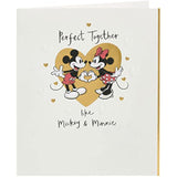 Disney Mickey and Minnie anniversary greeting card with gold foil accents, featuring colorful cartoon characters and celebratory design.