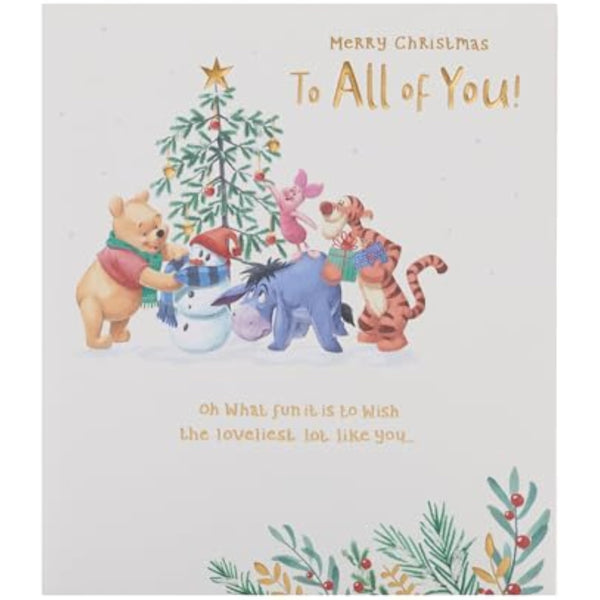 Disney Winnie the Pooh Christmas greeting card featuring Pooh and friends with a foil festive design.
