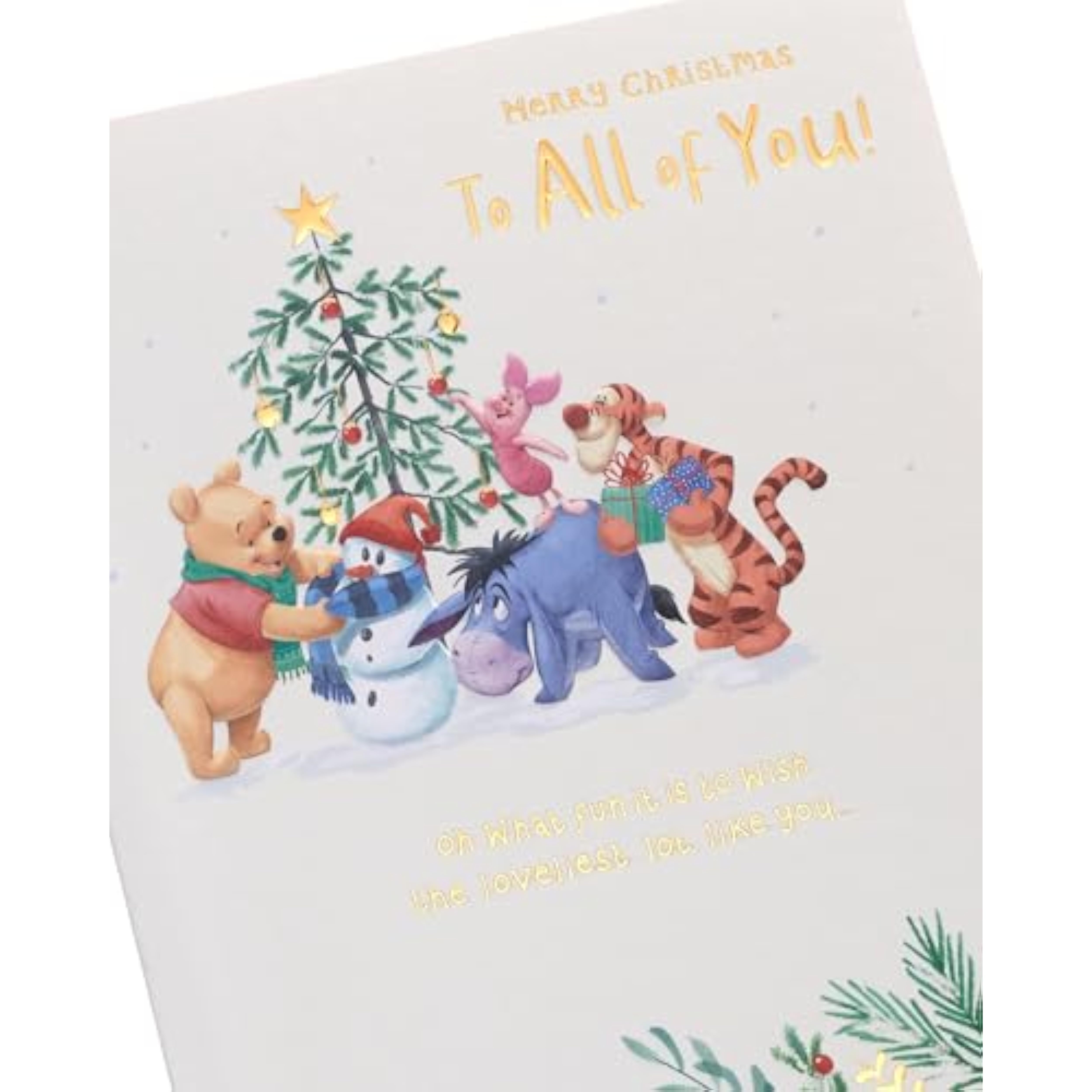 Disney Winnie the Pooh Christmas greeting card from UKG featuring foil design with Pooh and friends, festive holiday illustration.