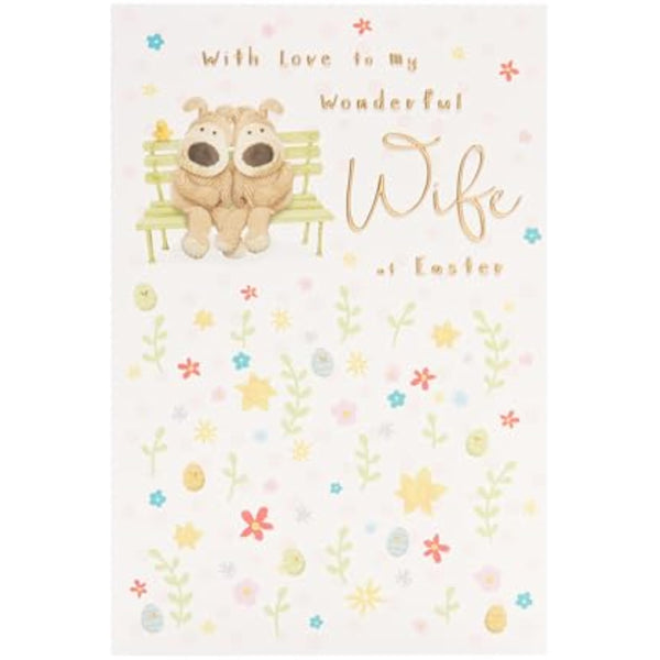Easter greeting card for wife featuring a cute Boofle design, UKG brand, with colorful floral and Easter-themed illustrations.