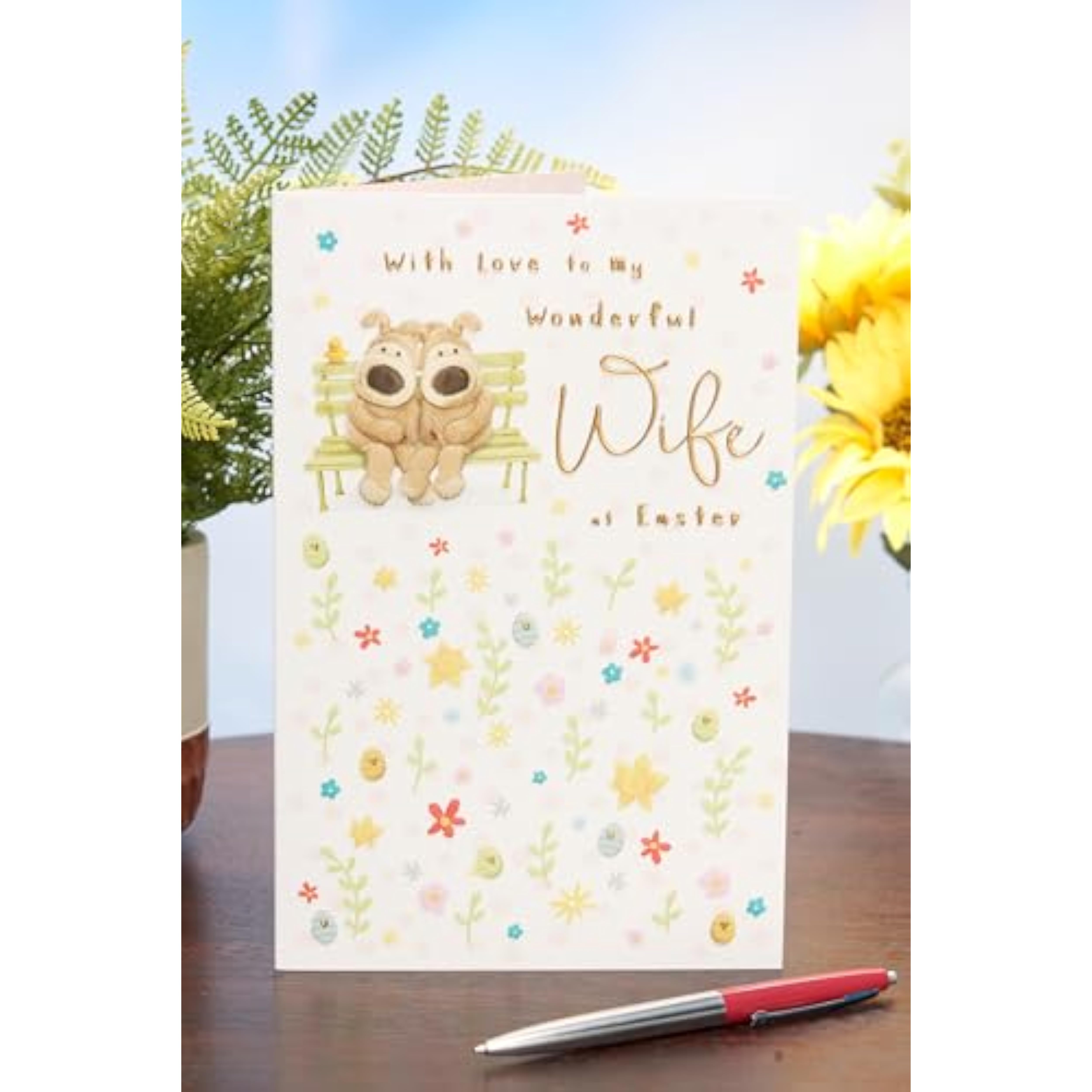 Cute Boofle Easter greeting card for wife by UKG featuring adorable bunny design and festive spring accents.