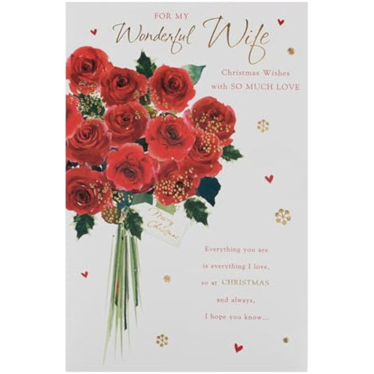 Elegant red floral Christmas greeting card for wife by UKG, featuring festive holiday design and warm message.