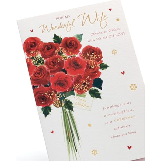 Elegant red floral Christmas greeting card for wife by UKG, featuring festive holiday design and heartfelt love message.