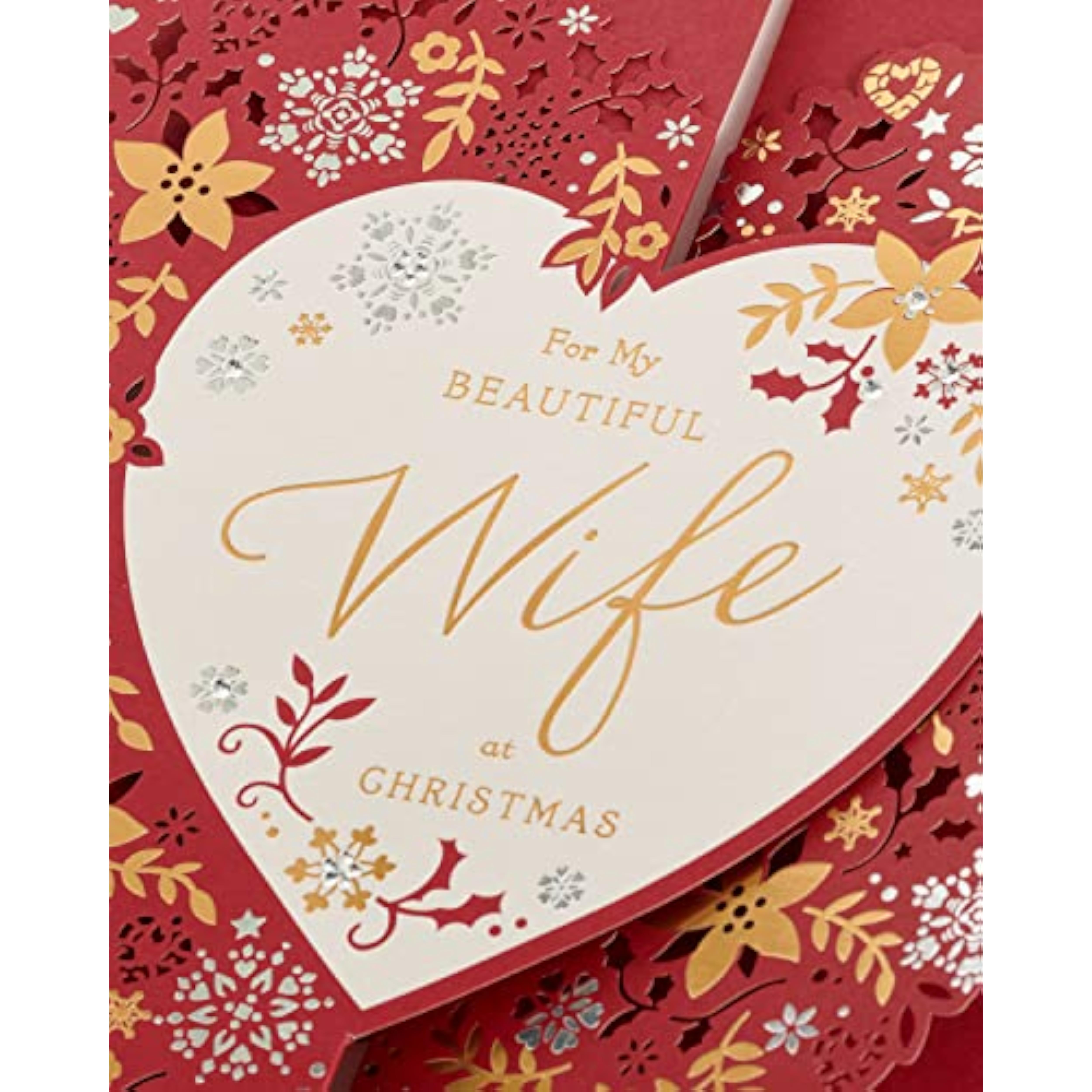 Elegant floral love heart Christmas greeting card for wife by UKG, featuring heartfelt holiday design and festive floral accents.