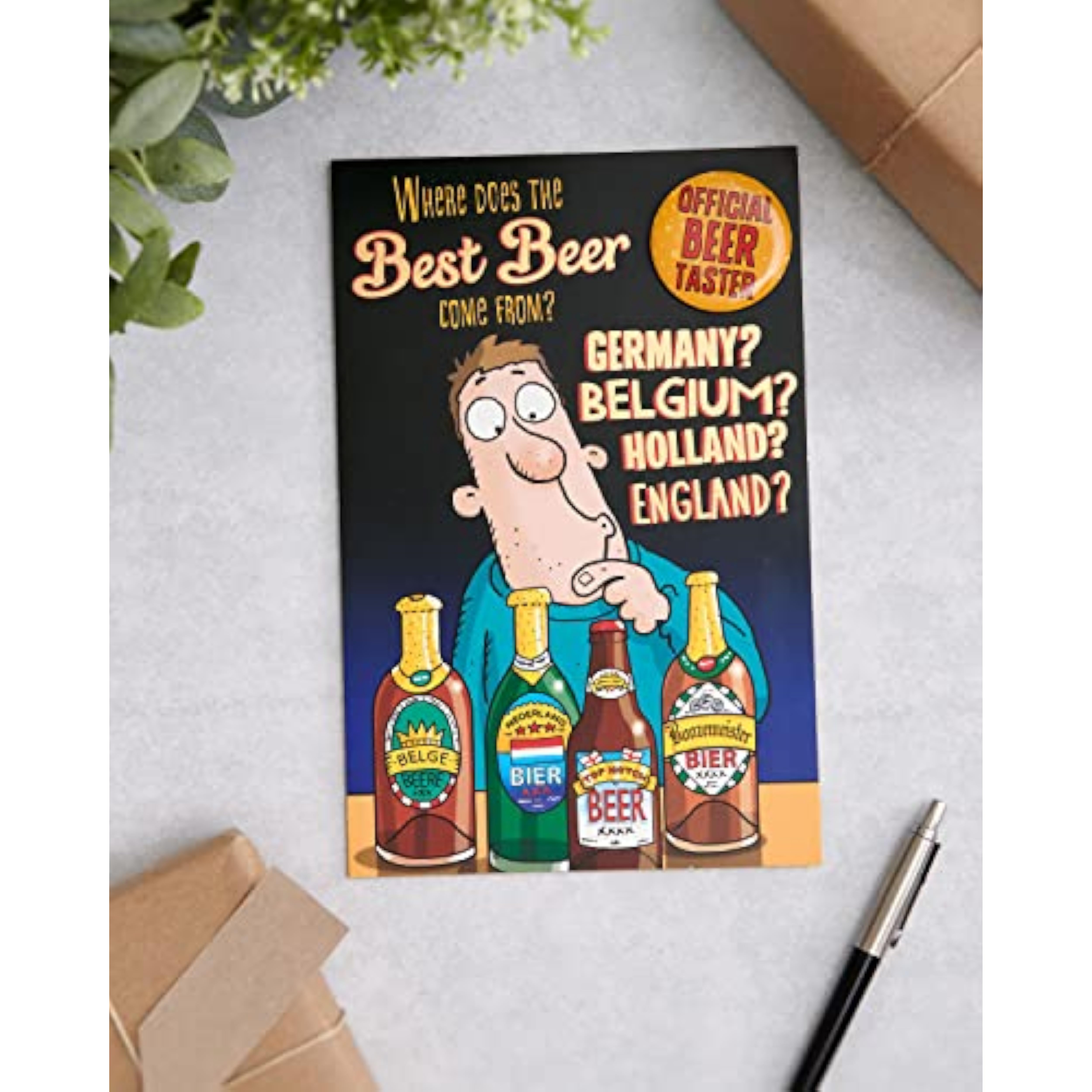 Funny birthday greeting card for him featuring beer illustrations, includes envelope, by UKG.