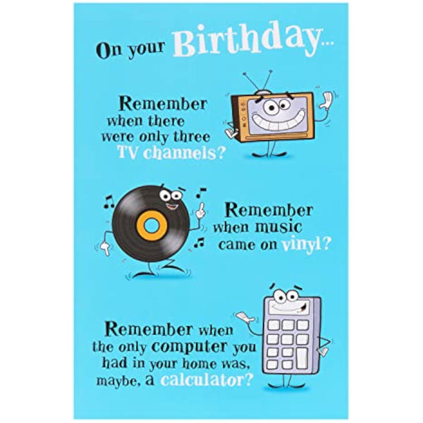 Funny nostalgic birthday greeting card for him from UKG with matching envelope, featuring colorful cartoon illustrations.