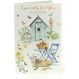 Garden-themed greeting card for gardening lovers, featuring colorful floral and plant illustrations, by UKG.