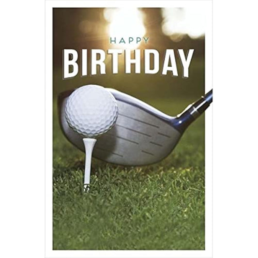 Golf birthday greeting card featuring a golf ball and club design, perfect for golf enthusiasts, by UKG.