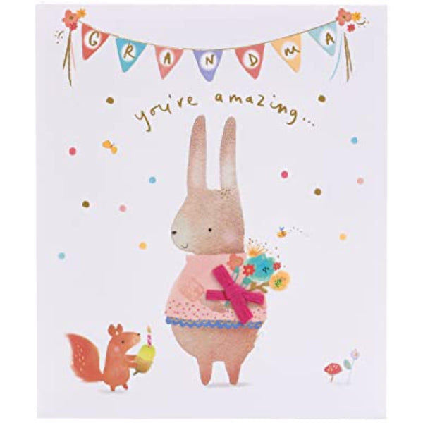 Cute rabbit birthday greeting card from UKG with gold foil accents, featuring a charming design for celebrating grandma.