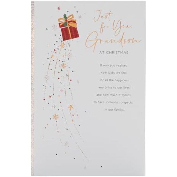 UKG Grandson Christmas greeting card with snowflakes and present festive design, featuring colorful holiday illustrations.