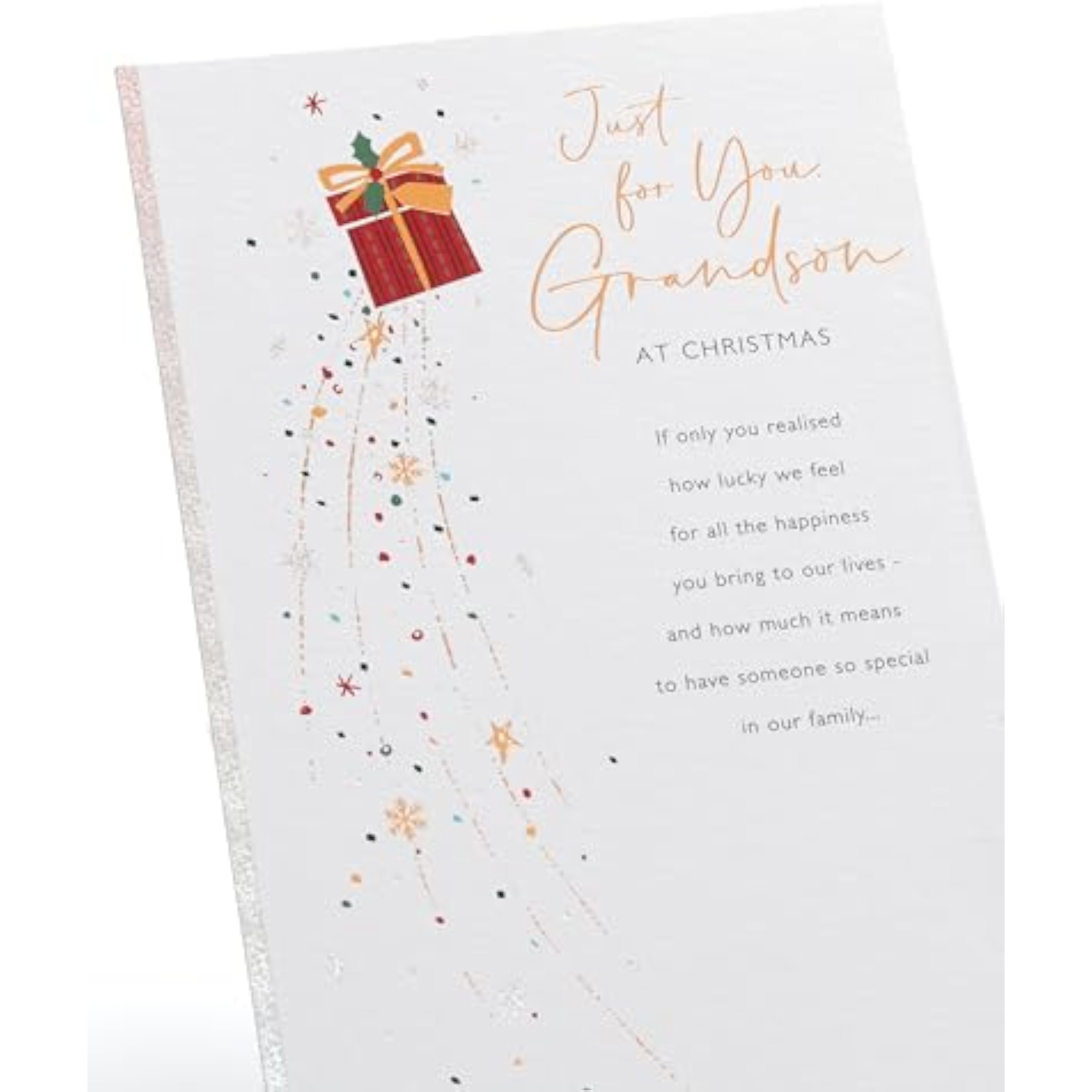UKG Grandson Christmas greeting card with snowflakes and present festive design, featuring a cheerful holiday scene.